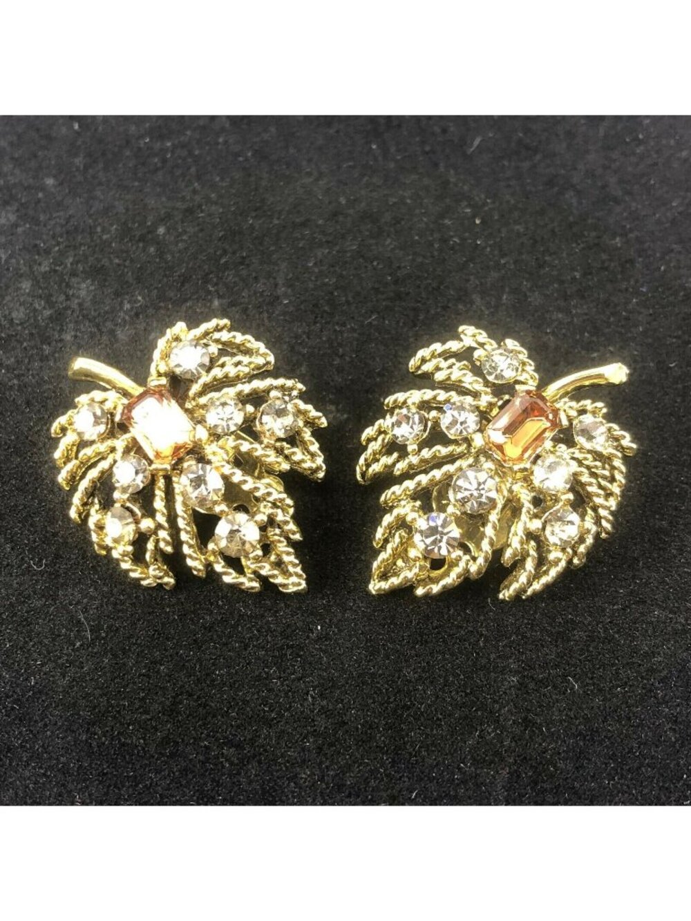 Unmarked Gold-tone Clip-on Leaf Motif Rhinestone Earrings 1 1/8"